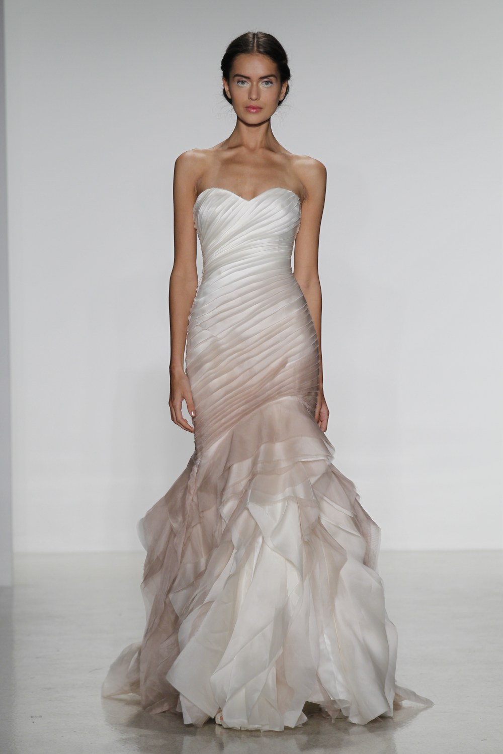 silk organza fit to flare wedding dress with raw edge layered bodice in vintage rose ombre and cascading slim skirt,