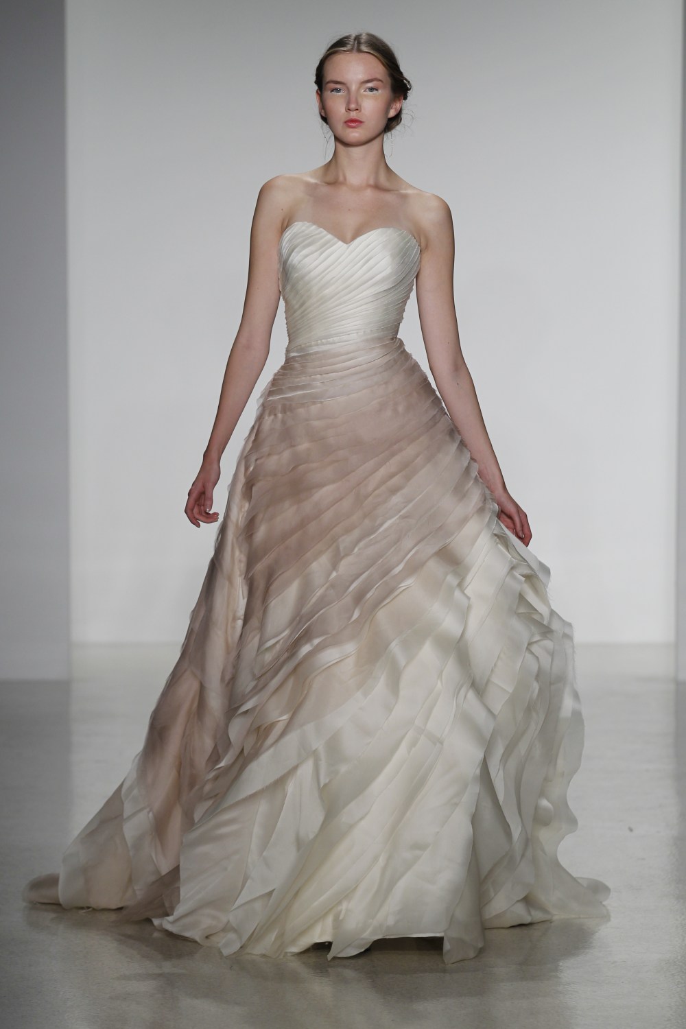 Thea- silk organza ball gown wedding dress with raw edge layered bodice in vintage rose ombre cascading full skirt,